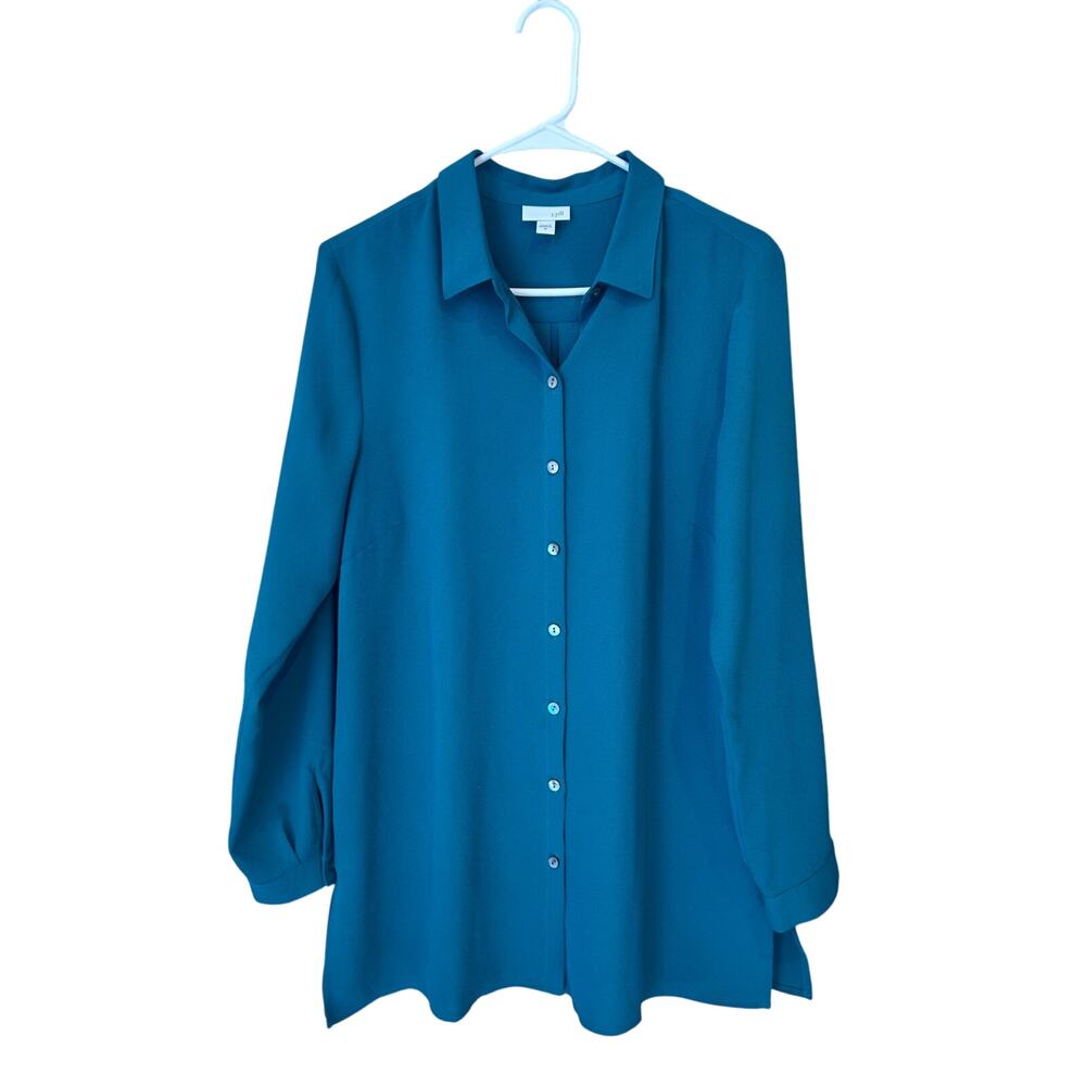 J.jill teal button down 3/4 sleeve top blouse pleated shirt women's size medium